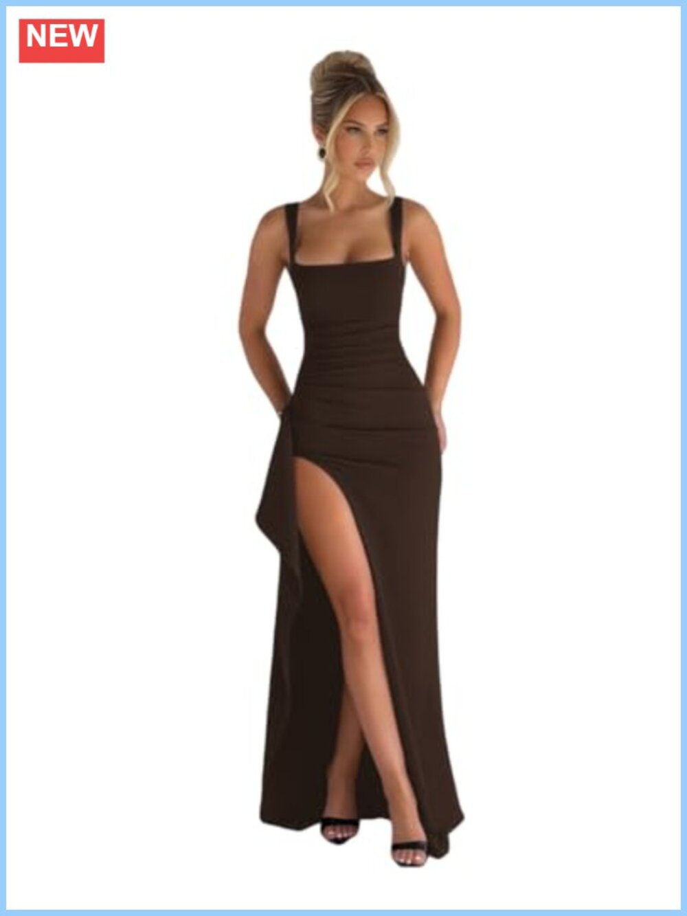 Square Neck Ruched High Split Maxi Dress Bodycon Formal Evening Gown